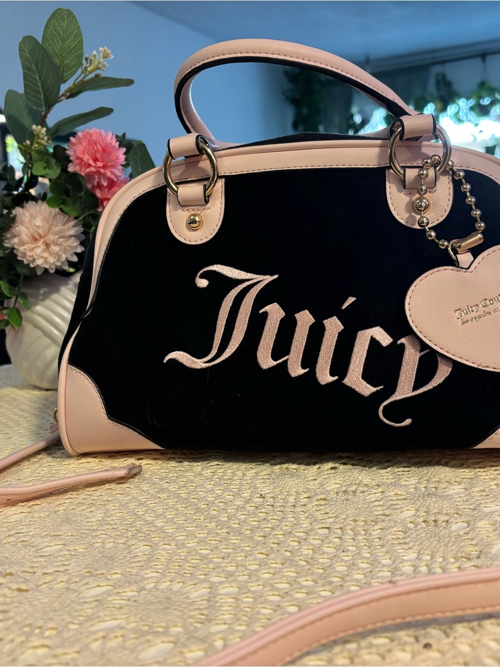 Juicy Couture Black Velvet Purse with Light Pink Trim